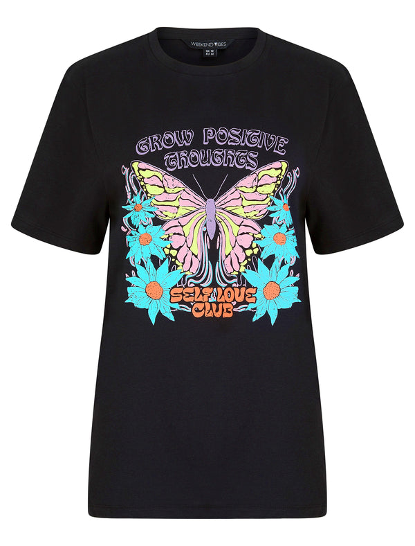 Butterfly Graphic Motif Cotton Jersey Crew Neck T-Shirt in Jet Black - Weekend Vibes