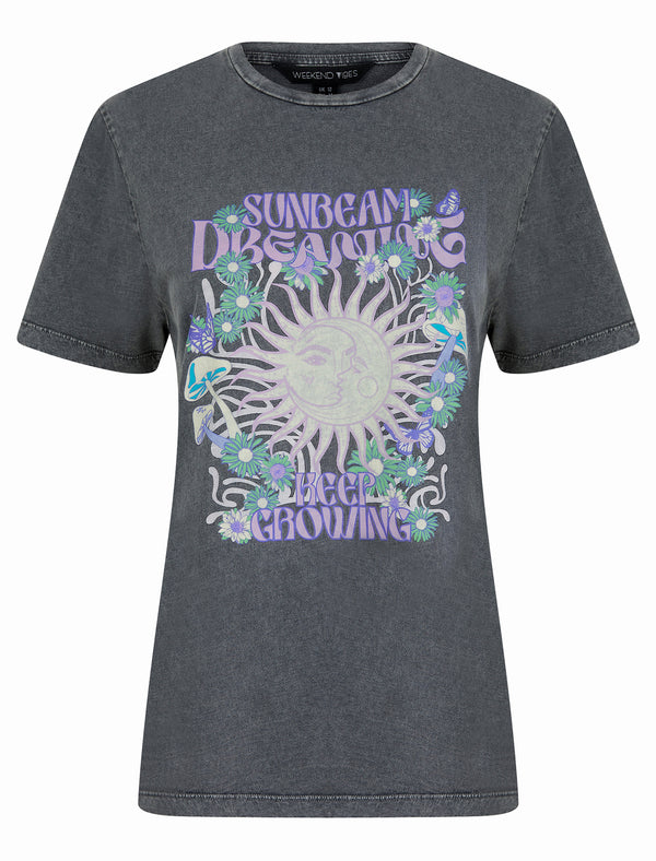 Sunbeam Graphic Motif Cotton Jersey Crew Neck Acid Wash T-Shirt in Charcoal - Weekend Vibes