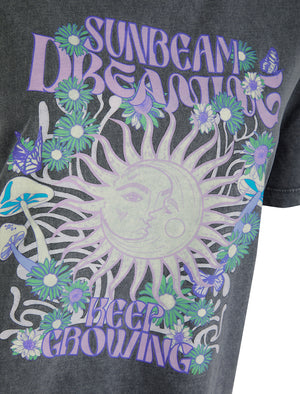 Sunbeam Graphic Motif Cotton Jersey Crew Neck Acid Wash T-Shirt in Charcoal - Weekend Vibes