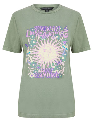 Sunbeam Graphic Motif Cotton Jersey Crew Neck Acid Wash T-Shirt in Sage - Weekend Vibes