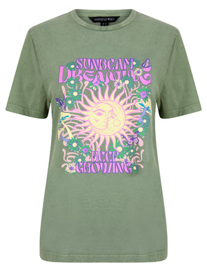 Sunbeam Graphic Motif Cotton Jersey Crew Neck Acid Wash T-Shirt in Sage - Weekend Vibes