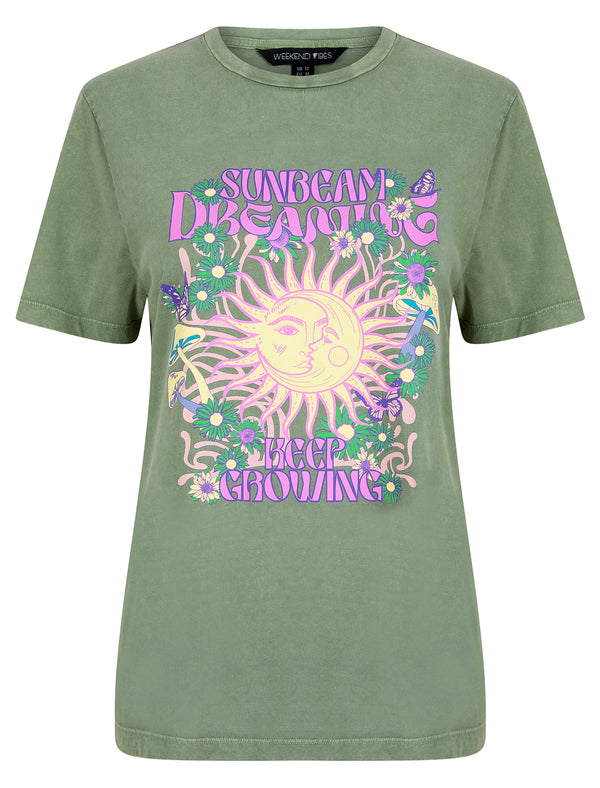 Sunbeam Graphic Motif Cotton Jersey Crew Neck Acid Wash T-Shirt in Sage - Weekend Vibes