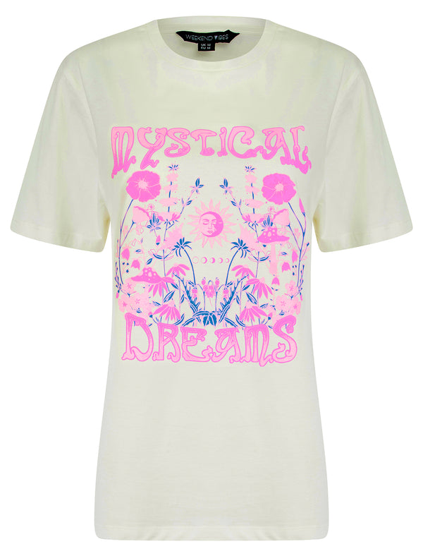 Dreamer Graphic Motif Cotton Jersey Crew Neck T-Shirt in Cream - Weekend Vibes