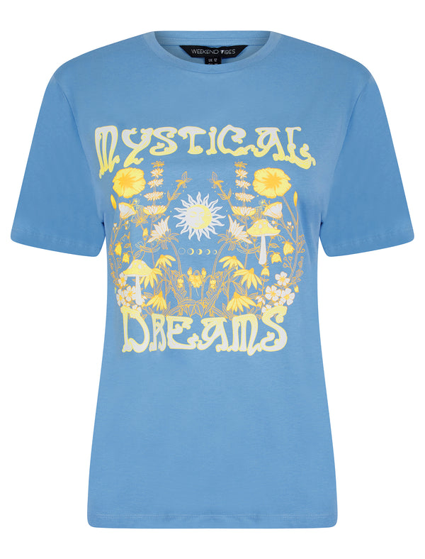 Dreamer Graphic Motif Cotton Jersey Crew Neck T-Shirt in Hydrangea Blue - Weekend Vibes
