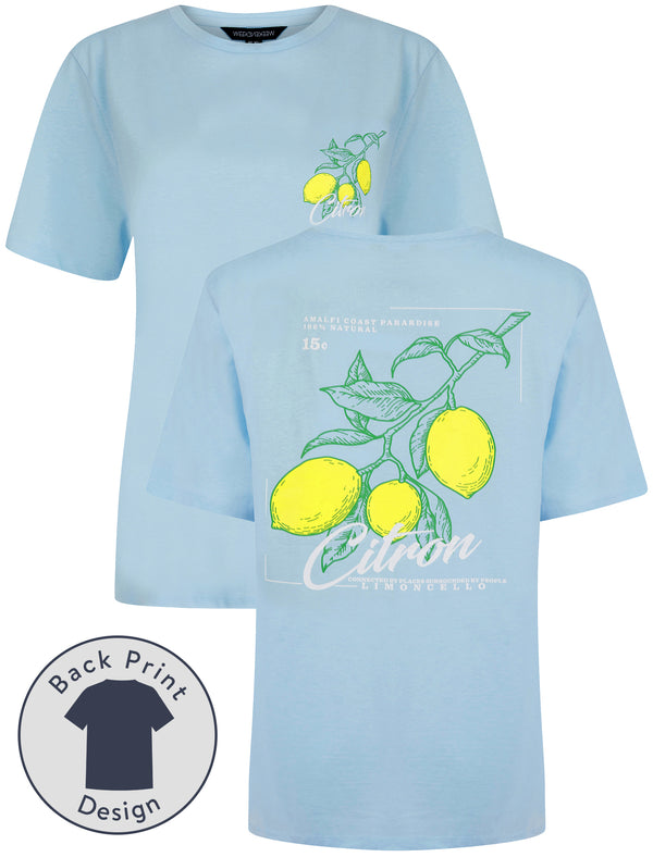 Citron Graphic Motif Cotton Crew Neck T-Shirt with Back-Print in Baby Blue - Weekend Vibes