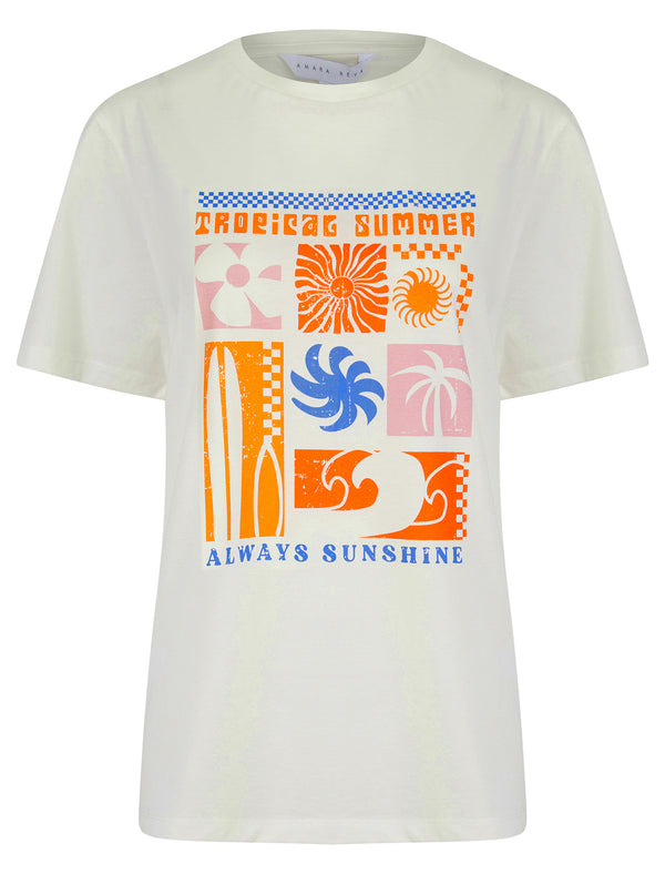 Katya Graphic Motif Cotton Jersey Crew Neck T-Shirt in Cream - Amara Reya