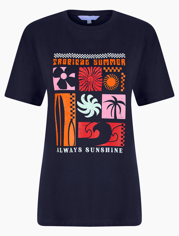 Katya Graphic Motif Cotton Jersey Crew Neck T-Shirt in Patriot Blue - Amara Reya