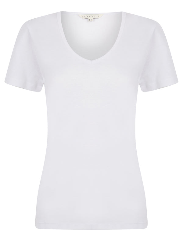 Viola Plain 100% Cotton Scoop V-Neck T-Shirt in Optic White - Amara Reya