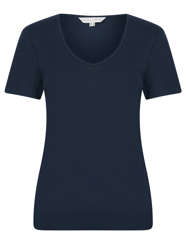 Viola Plain 100% Cotton Scoop V-Neck T-Shirt in Peacoat Blue - Amara Reya