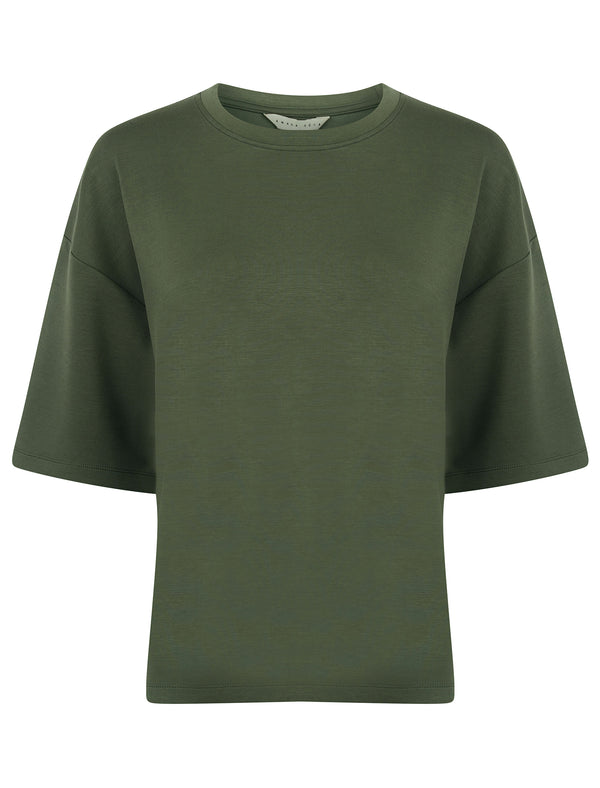 Borgia Plain Crew Neck Drop Shoulder Boxy Fit Premium Modal Fabric T-Shirt in Thyme - Amara Reya