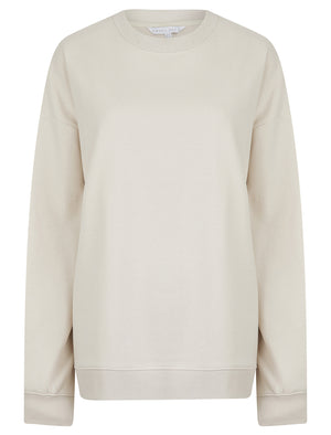 Kelster Plain Long Line Oversize Drop Shoulder Crew Neck Brushback Fleece Sweatshirt in Ivory - Amara Reya