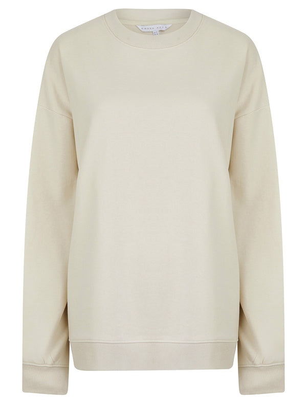 Kelster Plain Long Line Oversize Drop Shoulder Crew Neck Brushback Fleece Sweatshirt in Ivory - Amara Reya