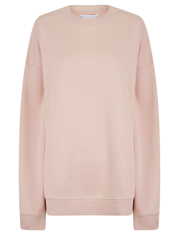 Kelster Plain Long Line Oversize Drop Shoulder Crew Neck Brushback Fleece Sweatshirt in Pink - Amara Reya