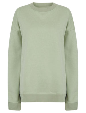 Kelster Plain Long Line Oversize Drop Shoulder Crew Neck Brushback Fleece Sweatshirt in Sage Green - Amara Reya