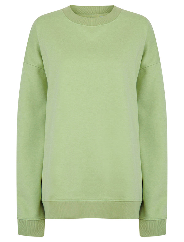 Kelster Plain Long Line Oversize Drop Shoulder Crew Neck Brushback Fleece Sweatshirt in Sage Green - Amara Reya