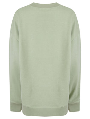 Kelster Plain Long Line Oversize Drop Shoulder Crew Neck Brushback Fleece Sweatshirt in Sage Green - Amara Reya
