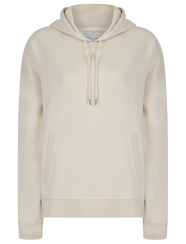 Script Plain Long Line Oversize Drop Shoulder Crew Neck Brushback Fleece Hooded Sweatshirt in Ivory - Amara Reya