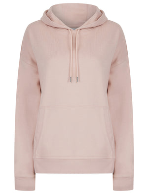 Script Plain Long Line Oversize Drop Shoulder Crew Neck Brushback Fleece Hooded Sweatshirt in Pink - Amara Reya