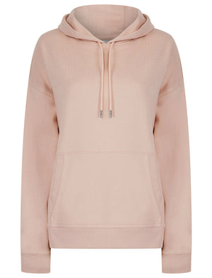 Script Plain Long Line Oversize Drop Shoulder Crew Neck Brushback Fleece Hooded Sweatshirt in Pink - Amara Reya