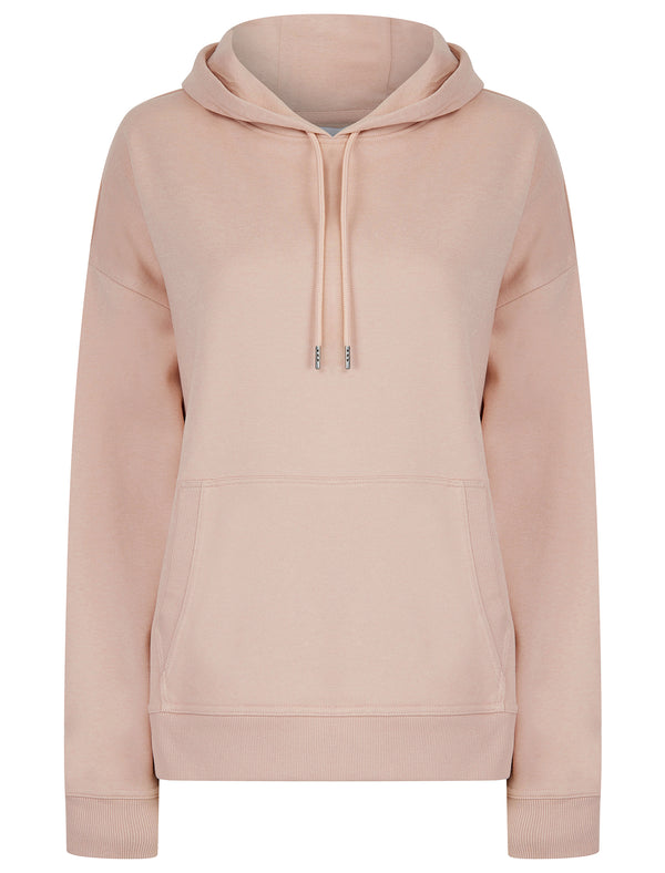 Script Plain Long Line Oversize Drop Shoulder Crew Neck Brushback Fleece Hooded Sweatshirt in Pink - Amara Reya
