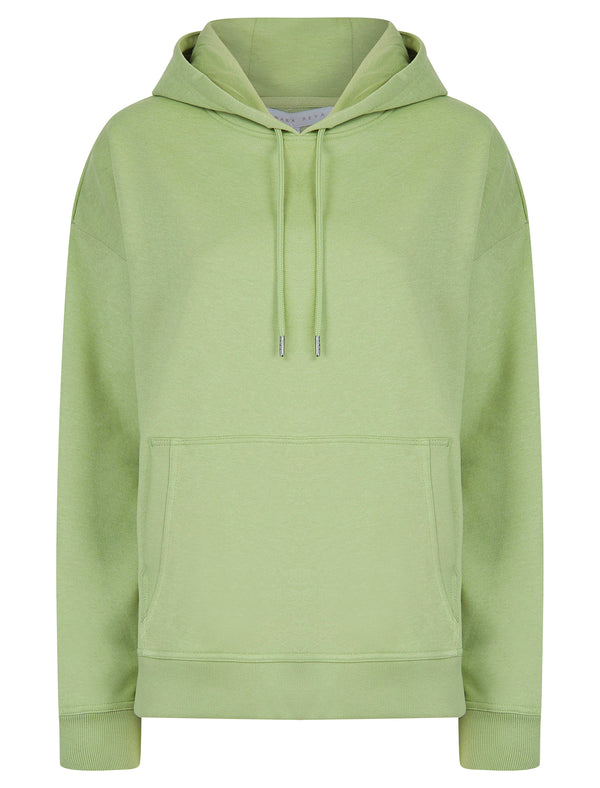 Script Plain Long Line Oversize Drop Shoulder Crew Neck Brushback Fleece Hooded Sweatshirt in Sage Green - Amara Reya