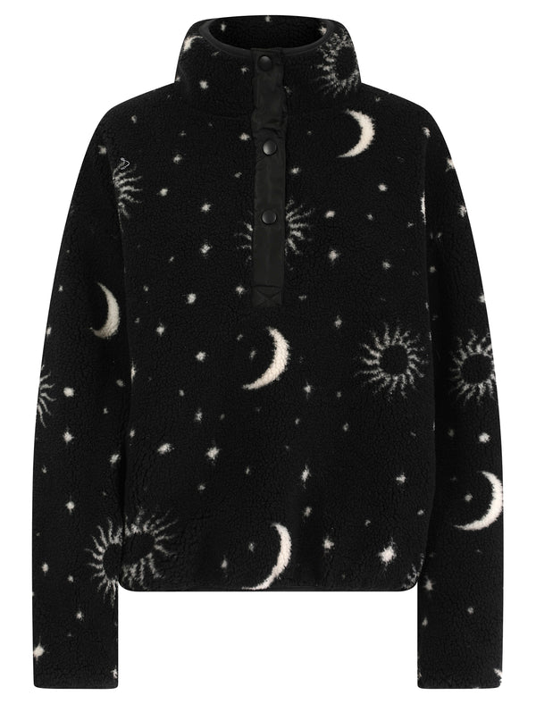 Women's Ulian Borg Fleece Sun & Moon Pattern Funnel Neck Sweatshirt Top in Jet Black - Weekend Vibes