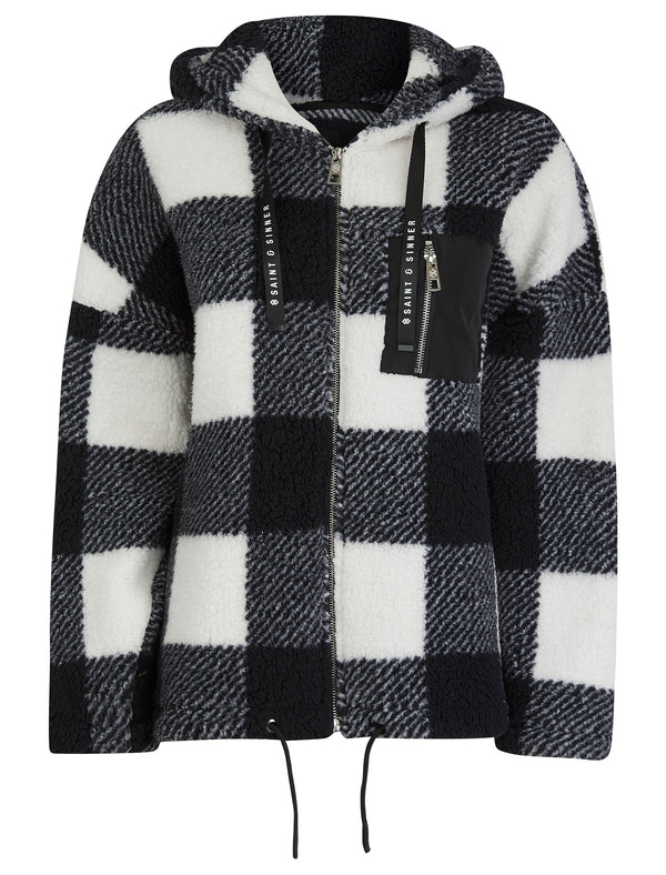 Women's Polly Hooded Check Teddy Fleece Zip Top Jacket with Chest Pocket in Black / White - Saint & Sinner