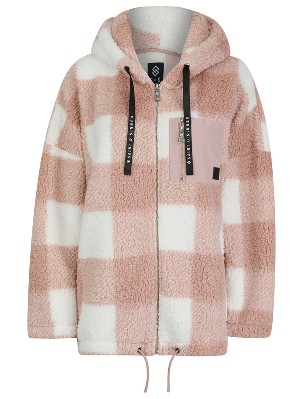 Women's Polly Hooded Check Teddy Fleece Zip Top Jacket with Chest Pocket in Pink / White - Saint & Sinner