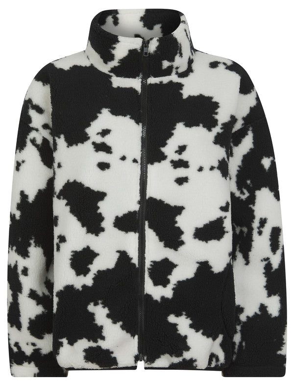Women's Rista Borg Fleece Cow Print Animal Pattern Funnel Neck Zip Top Jacket in Jet Black - Weekend Vibes