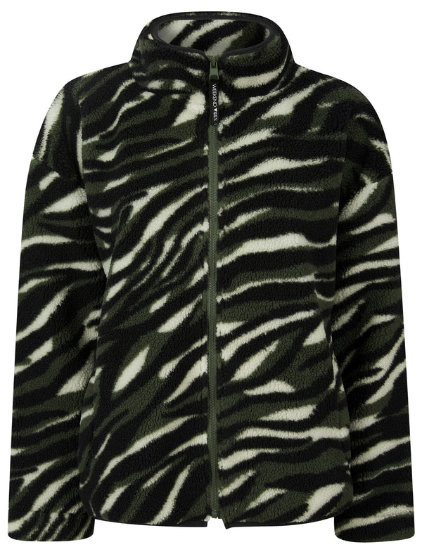 Women's Bridgewater Borg Fleece Tiger Print Animal Pattern Funnel Neck Zip Top Jacket in Thyme - Weekend Vibes