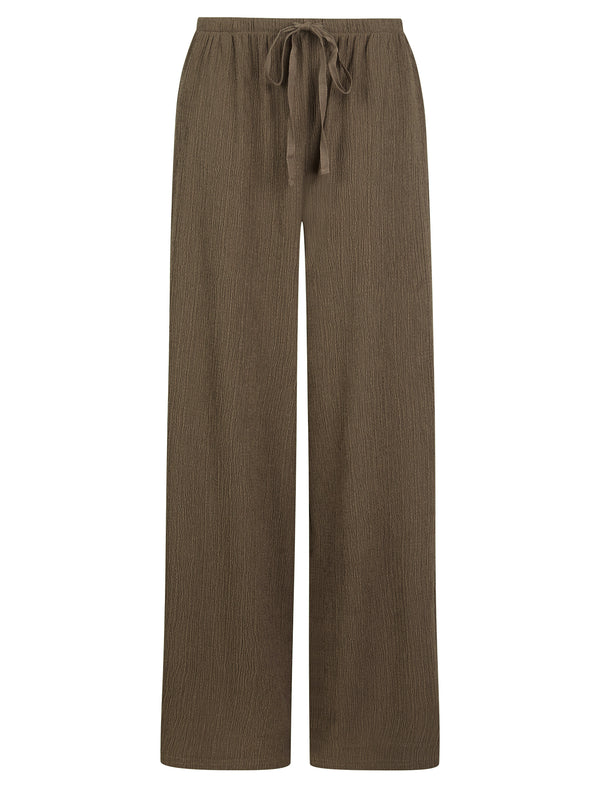 Niamh High Waisted Textured Stretch Fabric Wide Leg Trousers in Brown - Amara Reya