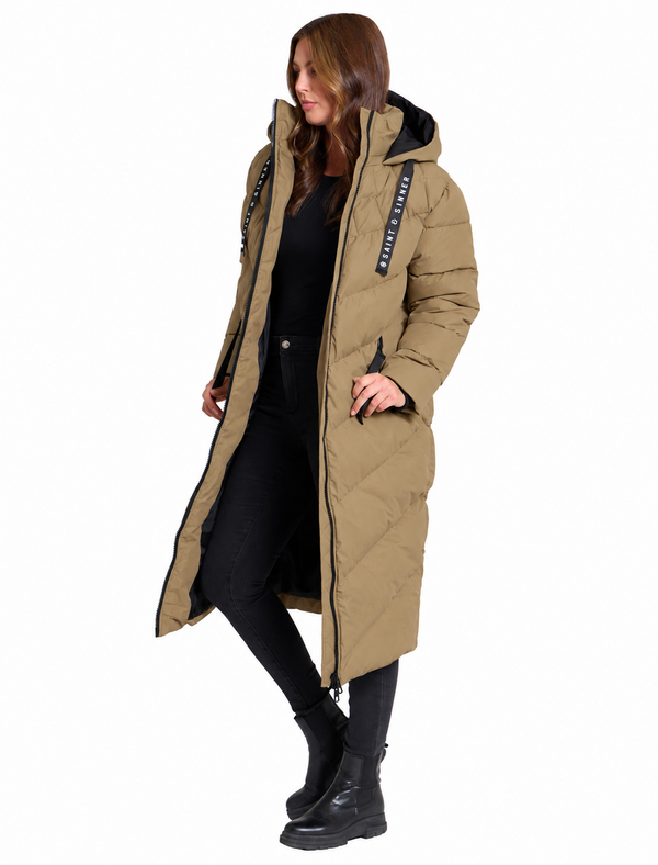Samurai Hooded Full Length Longline Quilted Puffer Coat in Camel - Saint & Sinner
