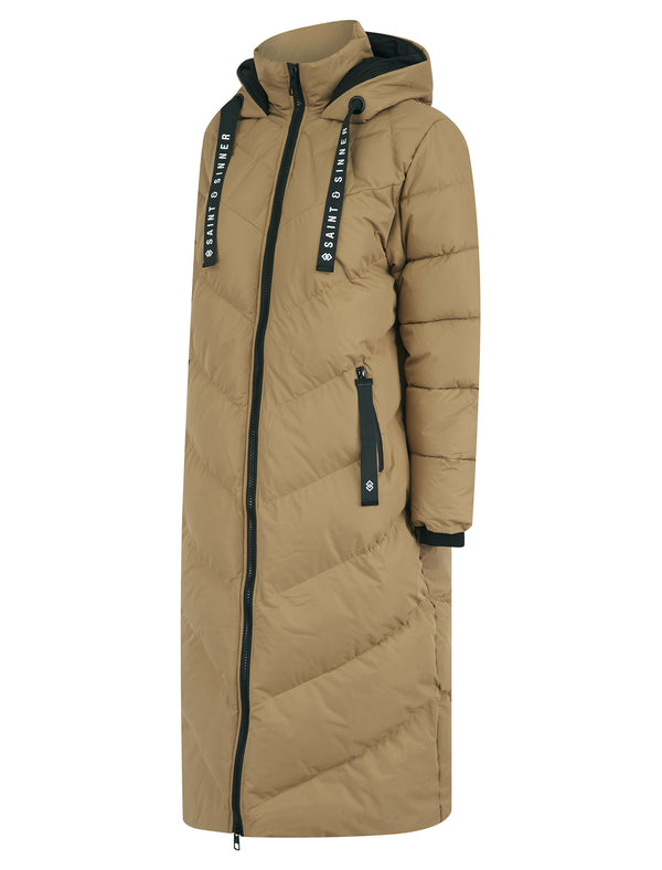 Samurai Hooded Full Length Longline Quilted Puffer Coat in Camel - Saint & Sinner