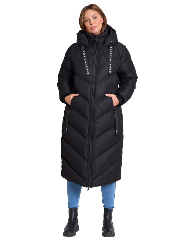 Samurai Hooded Full Length Longline Quilted Puffer Coat in Black - Saint & Sinner