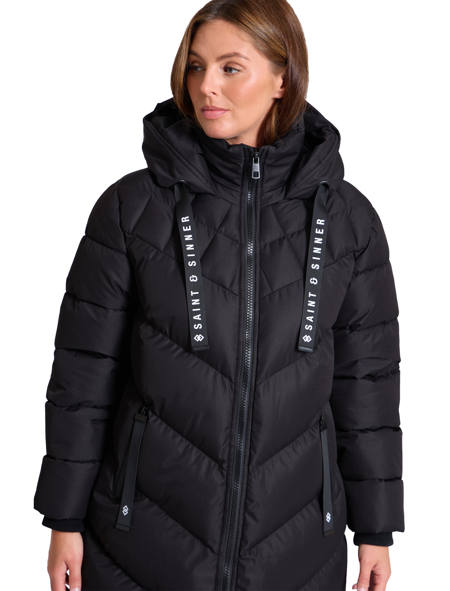 Samurai Hooded Full Length Longline Quilted Puffer Coat in Black
