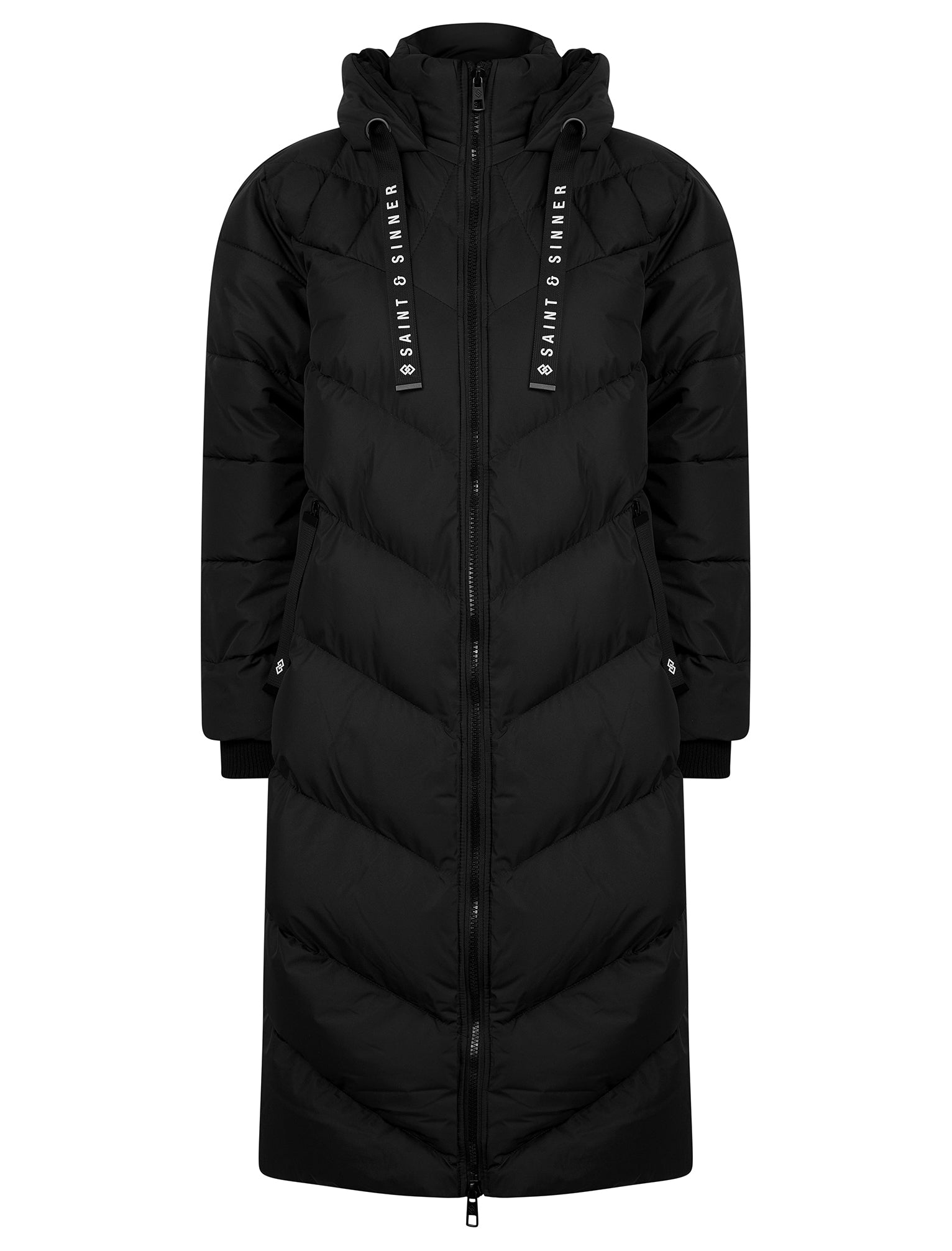 Samurai Hooded Full Length Longline Quilted Puffer Coat in Black