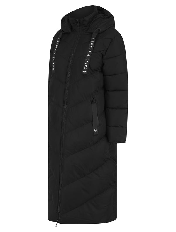 Samurai Hooded Full Length Longline Quilted Puffer Coat in Black - Saint & Sinner