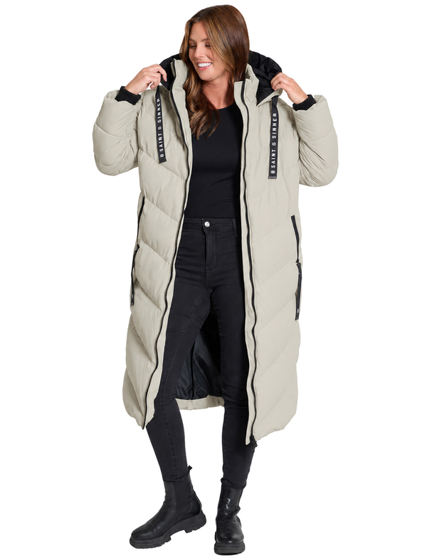 Samurai Hooded Full Length Longline Quilted Puffer Coat in Oyster - Saint & Sinner