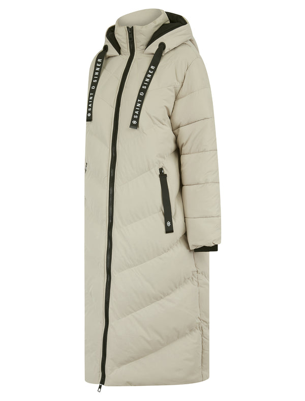 Samurai Hooded Full Length Longline Quilted Puffer Coat in Oyster - Saint & Sinner