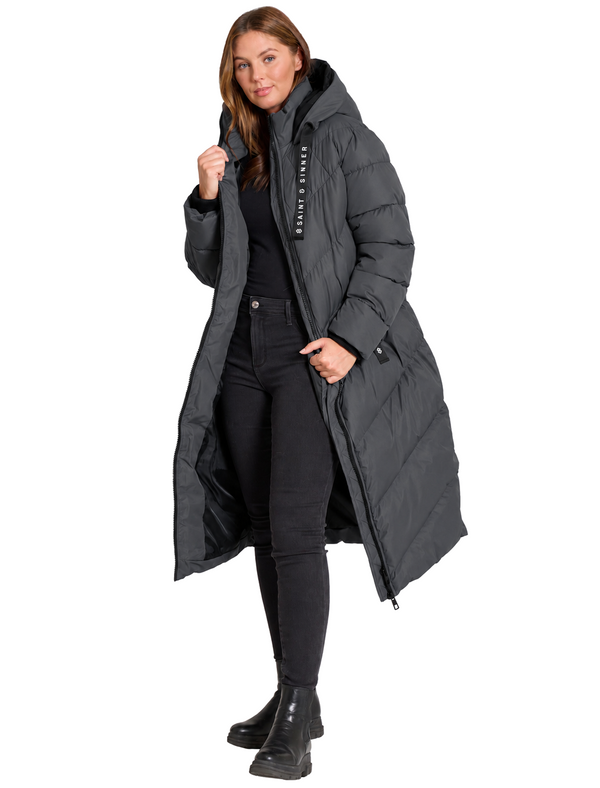 Samurai Hooded Full Length Longline Quilted Puffer Coat in Graphite Grey - Saint & Sinner