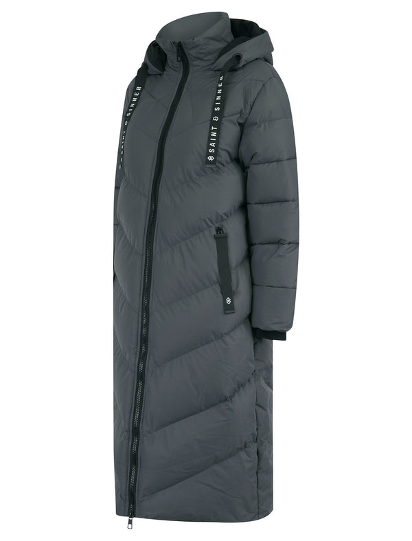 Samurai Hooded Full Length Longline Quilted Puffer Coat in Graphite Grey - Saint & Sinner