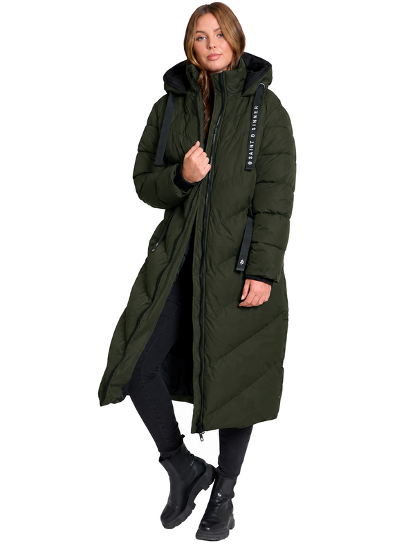 Samurai Hooded Full Length Longline Quilted Puffer Coat in Khaki - Saint & Sinner