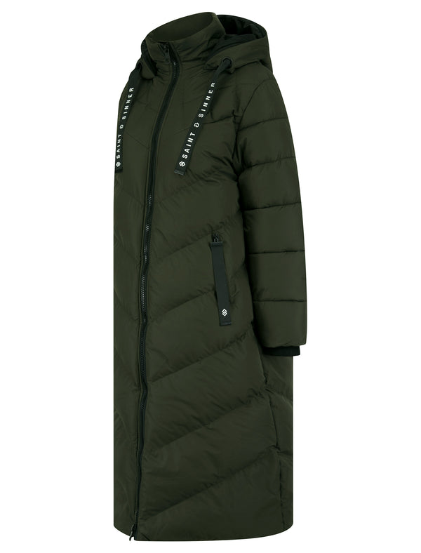 Samurai Hooded Full Length Longline Quilted Puffer Coat in Khaki - Saint & Sinner
