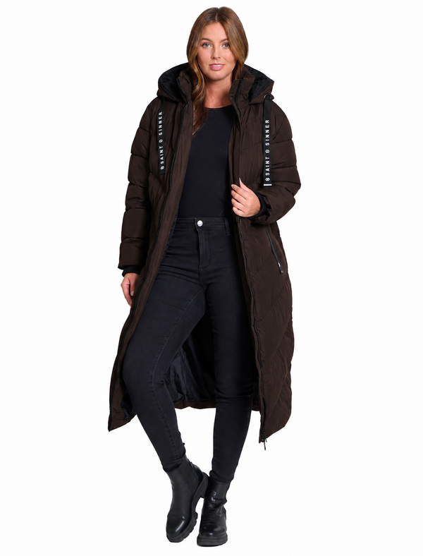 Samurai Hooded Full Length Longline Quilted Puffer Coat in Dark Chocolate - Saint & Sinner