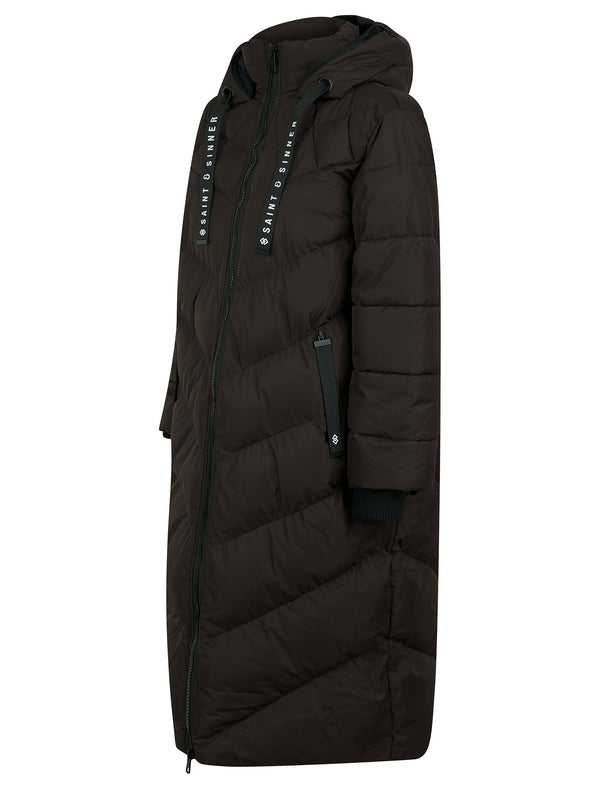 Samurai Hooded Full Length Longline Quilted Puffer Coat in Dark Chocolate - Saint & Sinner