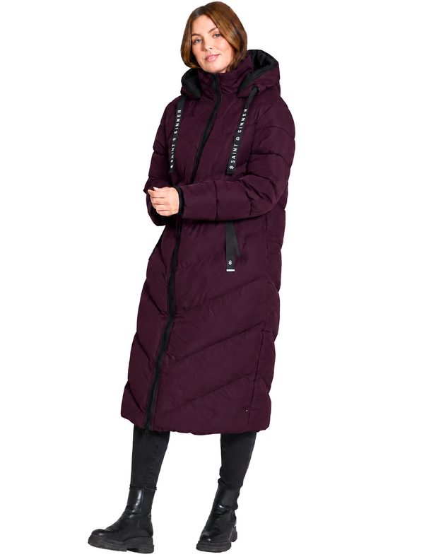 Samurai Hooded Full Length Longline Quilted Puffer Coat in Fig - Saint & Sinner