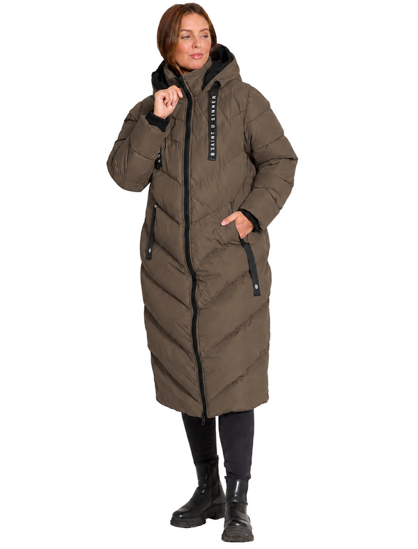 Samurai Hooded Full Length Longline Quilted Puffer Coat in Taupe - Saint & Sinner