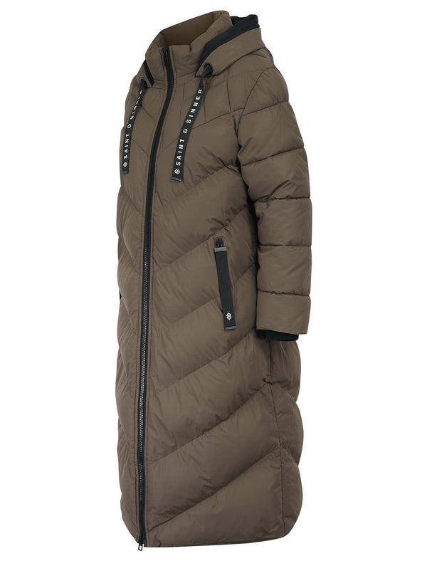 Samurai Hooded Full Length Longline Quilted Puffer Coat in Taupe - Saint & Sinner