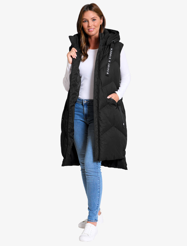 Newby Hooded Longline Quilted Gilet Bodywarmer in Black - Saint & Sinner