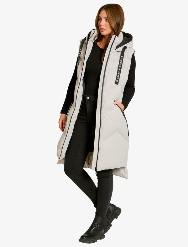 Newby Hooded Longline Quilted Gilet Bodywarmer in Oyster - Saint & Sinner